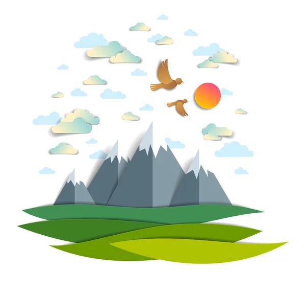山峰山脉的风景 多云的天空与鸟类和太阳 夏季矢量插图在剪纸儿童风格 旅游和旅游 — 图库矢量图片