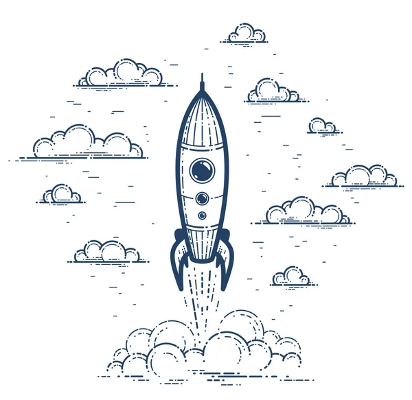Rocket Launch Vector Simple Linear Icon Missile Start Business Line — Stock Vector