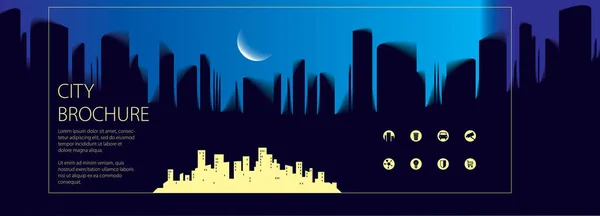 Ночная Широкая Панорама Простая Туристическая Путеводитель Городу Брошюра Флаер Обложка — стоковый вектор