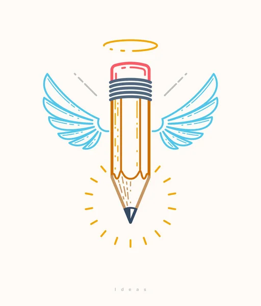 翼とニンバス デザイナーやスタジオ 創造的な精神 天使のデザイン 線形スタイルのためのベクトルシンプルな流行のロゴやアイコンを持つ鉛筆 — ストックベクタ
