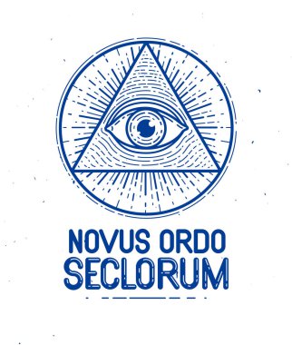 Kutsal geometri üçgeninde, duvarcılık ve illuminati sembolünde, vektör logosu veya amblem tasarım elementinde Tanrı 'nın gözü görülüyor..