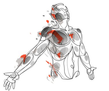 Man with spread hands showing pose of freedom like feeling that he can fly, vector linear illustration, emotional concept of feel free and happy.