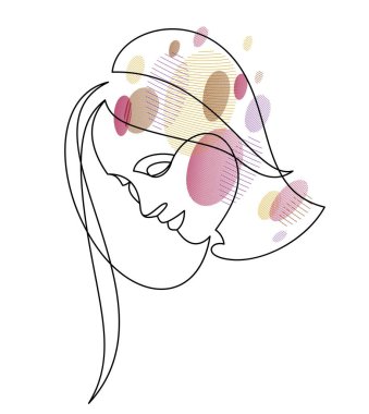Beautiful face of attractive woman vector linear drawing, sensitive emotional line art adult girl portrait, feminine abstract face line art.