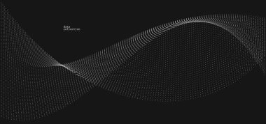 Koyu gri hava parçacıkları akış vektör tasarımı, dalgalı noktalar dizisi ile soyut arkaplan, dijital fütüristik çizim, nano teknoloji teması.
