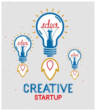Üç fikir ampulü roketler gibi fırlatılıyor vektör lineer logo ya da poster, yaratıcı fikir girişimi, bilim icadı ya da araştırma ampulü, yeni iş kurma.
