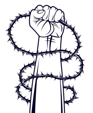 Güçlü bir yumruk, dikenli dikenlere karşı özgürlük için savaşıyor. Kölelik temalı illüstrasyon, vektör logosu ya da dövme, dikenlerden yıldızlara kadar..