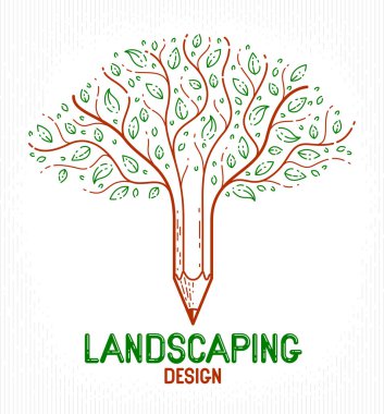 Kalem ile güzel ağaç bir sembol, peyzaj tasarım vektör klasik stil logosu veya simgesi içine kombine. Yaratıcılık kavramı, sanat ve tasarım alegorisi.