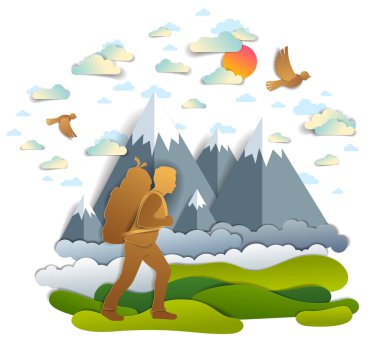 Etkin delikanlı için doğa ile dağ doruklarına içinde geçmiş, hiking tatil vektör çizim güzel yaz doğal dağ manzara, kuşlar gökyüzünde,.