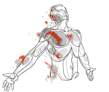 Man with spread hands showing pose of freedom like feeling that he can fly, vector linear illustration, emotional concept of feel free and happy.