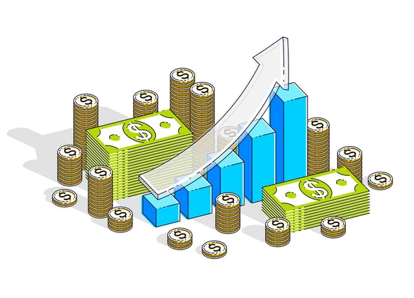Erfolg Und Einkommen Aufwachsen Konzept Wachstumsdiagramm Statistiken Balken Mit Cash — Stockvektor