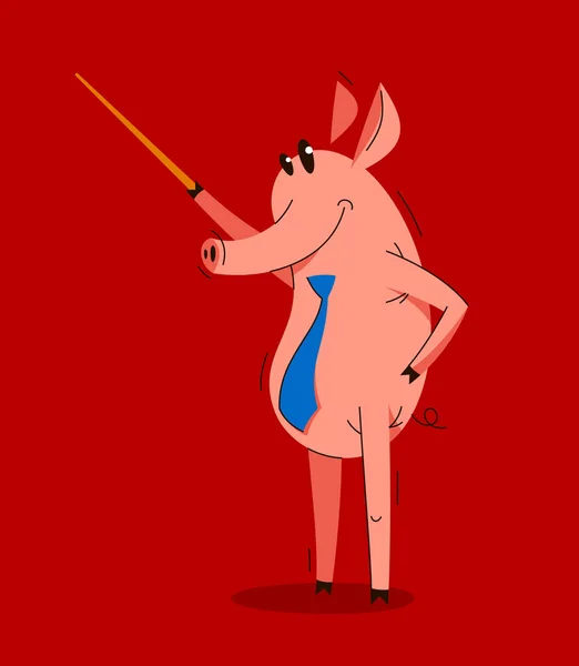 Funny Cartoon Pig Shows Something Wooden Pointer Businessman Presentation Vector — Stock Vector
