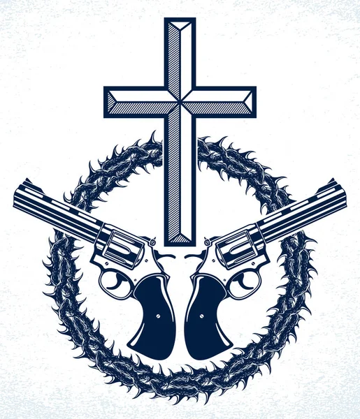 Criminele Gangster Dramatisch Embleem Logo Met Christian Cross Symbool Voor — Stockvector