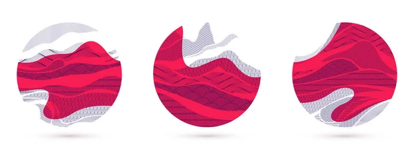 円の形をした赤を基調とした日本的なベクトル抽象的なイラスト アジアの伝統的なスタイルの背景 波状の形や山の地形 海線のように走る — ストックベクタ