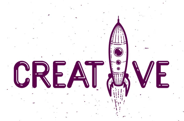 Palabra Creativa Con Cohete Lugar Letra Concepto Ideas Creatividad Logotipo — Vector de stock