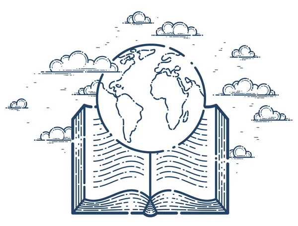 Otwarta Książka Wektorem Planety Ziemi Ikona Liniowa Geografia Lub Literatura — Wektor stockowy