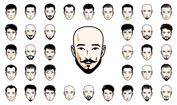 Όμορφοι Άνδρες Πρόσωπα Και Χτενίσματα Κεφάλια Διανυσματικά Εικονογραφήσεις Που Απομονώνονται — Διανυσματικό Αρχείο
