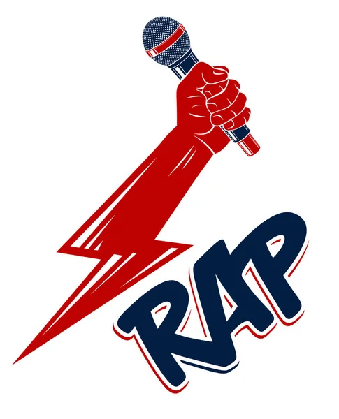 Логотип Рэп Музыки Эмблема Микрофоном Руке Форме Молнии Хип Хоп — стоковый вектор