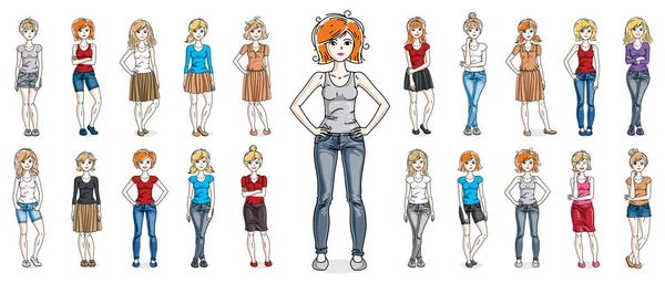 Nenáročné Oblečení Roztomilé Atraktivní Ženy Vektorové Ilustrace Velká Sbírka Izolované — Stockový vektor