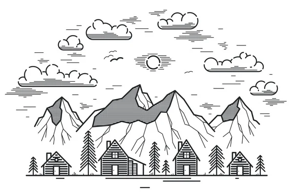 Rural Village Mountains Range Linear Vector Illustration Isolated White Wooden — Stock Vector