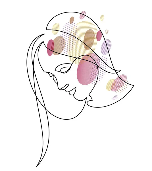 Beautiful Face Attractive Woman Vector Linear Drawing Sensitive Emotional Line — Stock Vector