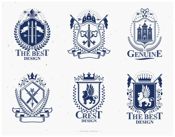 Oude Stijl Heraldiek Heraldische Emblemen Vectorillustraties Wapenschild Collectie Vector Set — Stockvector