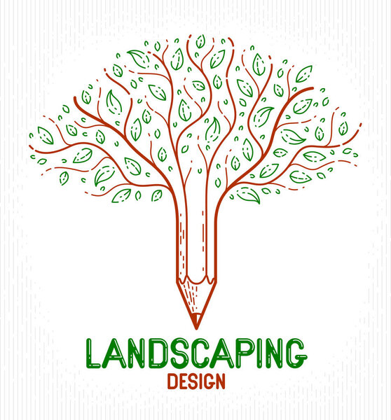Красивое дерево с карандашом в сочетании с символом, ландшафтным дизайном векторного классического стиля логотипа или иконы. Концепция творчества, искусство и дизайн аллегория
.