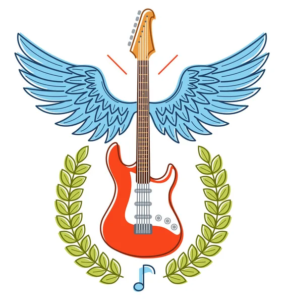 带翅膀矢量徽章的电吉他 用于节庆或音乐会 或与白人音乐主题 现场音乐主题 唱片标识 乐器商店隔离的演奏者 — 图库矢量图片