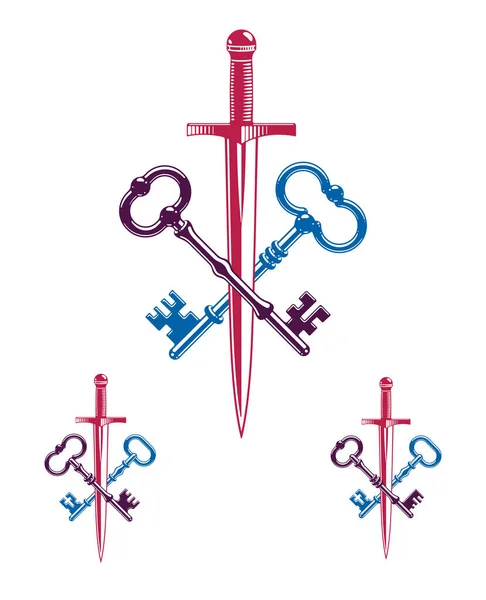 Перехрещені Ключі Кинджал Векторна Емблема Ворота Меч Захищені Таємниці Захищена — стоковий вектор