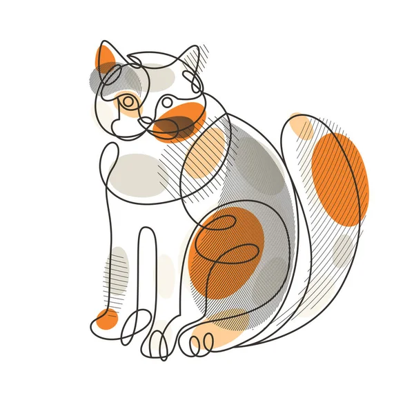 Красивая Милая Кошка Линейная Векторная Иллюстрация Линейный Рисунок Кошечки Расслабляющий — стоковый вектор