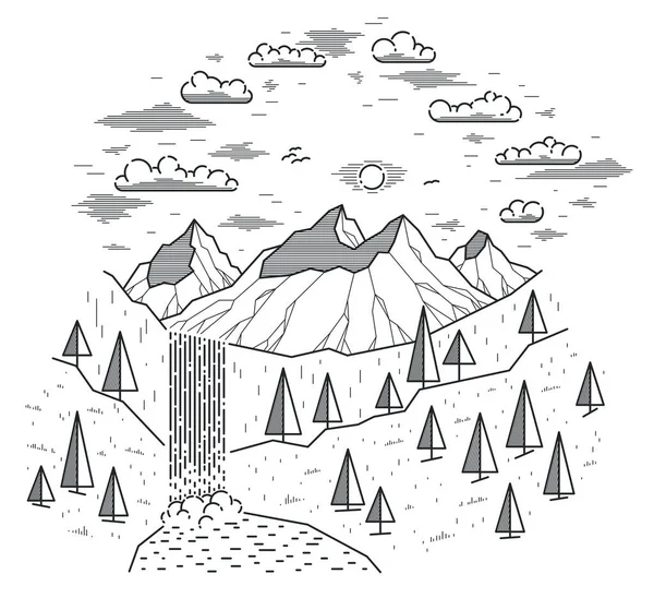 Красивий Водоспад Високих Гір Діапазон Векторні Ілюстрації Ізольовані Білому Краса — стоковий вектор