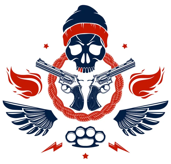Revolución Disturbios Emblema Malvado Logotipo Con Cráneo Agresivo Armas Diferentes — Vector de stock