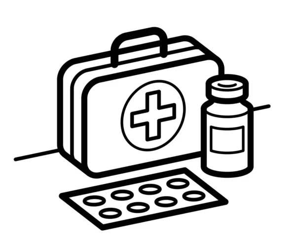 医学応急処置医療キットのテーマ薬やボトル3Dベクトルイラスト孤立した 薬や薬 健康管理薬の漫画 ビタミンや抗生物質 シンプルな線形デザイン — ストックベクタ