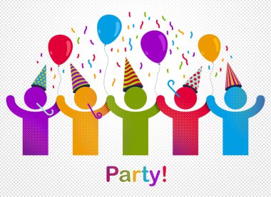 İnsanların vektör konsepti basit illüstrasyon ya da ikon, kutlama yıldönümü ya da tatil eğlencesi, bir grup neşeli mutlu insan partide eğleniyor..