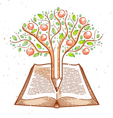 Açık vintage kitap eğitimi veya bilim bilgi kavramı, eğitim veya bilimsel edebiyat kütüphane vektör logosu veya amblemi üzerinde kalem ile birlikte elma ile Ağaç. 