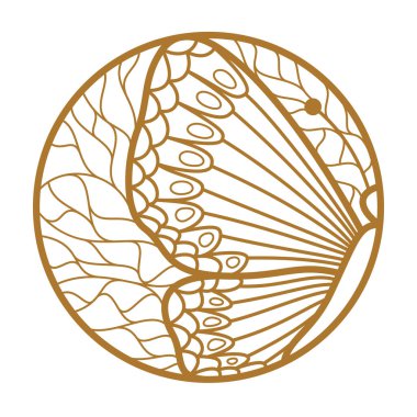 Yaprakların arasındaki güzel kelebek parfüm, moda veya kuaför logosu için doğal güzelliğin beyaz, zarif doğrusal grafik tasarımına izole edilmiş çiçek desenli doğrusal logo tasarımı şablonu.