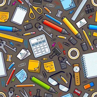 Çalışma masası üst görünümü bir çok farklı kırtasiye elemanı ile dikişsiz vektör duvar kağıdı, iş temalı resim çeşitlilik nesneleri resimleriyle.