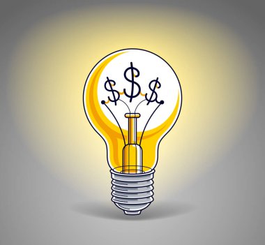 Dolar işareti tungsten tel yerine, iş, güzel vektör çizim için mali fikir ampul konseptiyle.