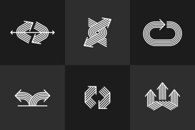 Kavramsal ok vektör logoları izole edilmiş, çift ok sembolü pictogram koleksiyonu, çizgi ok simgesi.