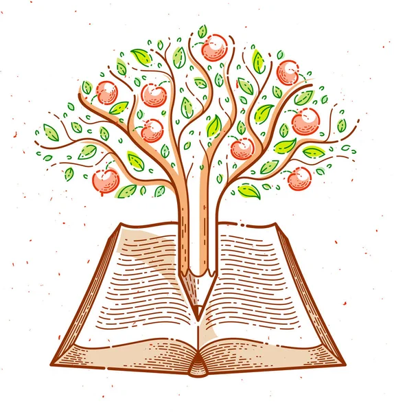 Árbol Con Manzanas Combinado Con Lápiz Sobre Libro Vintage Abierto — Vector de stock
