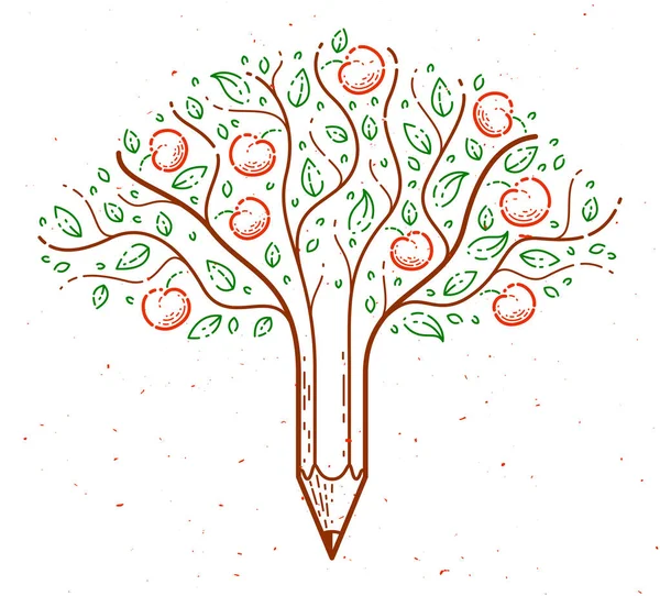 美丽的水果苹果树与铅笔组合成一个符号 创意和想法的概念矢量线性风格标志或图标 艺术和设计概念寓言 — 图库矢量图片