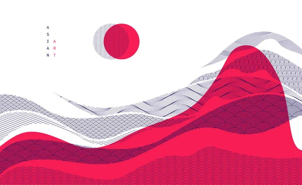概要紅地の日本画ベクトルの背景 伝統的な様式のデザイン 波状の形と山の地形の風景 海線のように走る — ストックベクタ