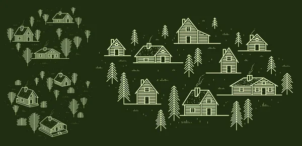 Rural Village Woods Linear Vector Illustration Dark Wooden Houses Trees — Stock Vector