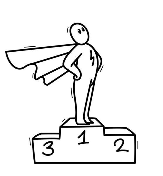 Funny Cartoon Man Standing Confident Pedestal Coat Superhero Vector Flat — Stock Vector