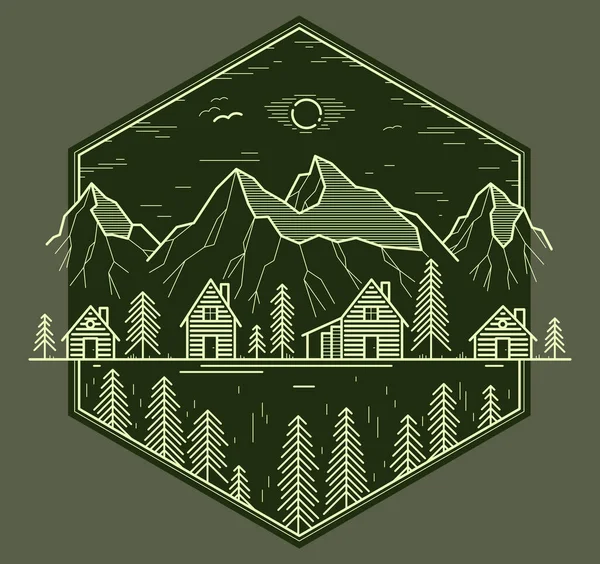 Pueblo Rural Cordillera Bosques Pino Emblema Vector Lineal Casas Oscuras — Vector de stock