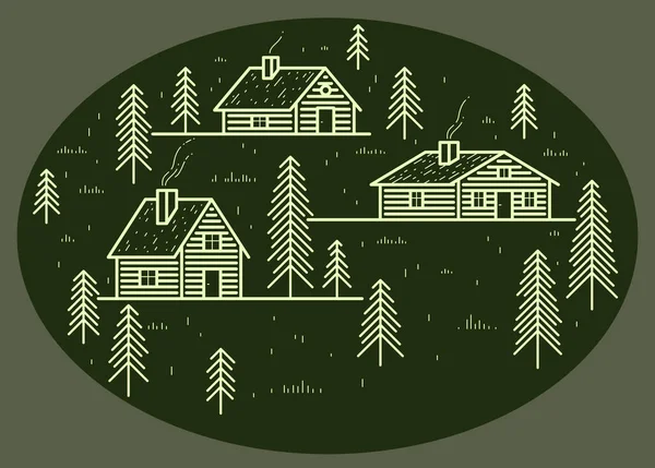 Rural Village Woods Linear Vector Illustration Dark Wooden Houses Trees — Stock Vector
