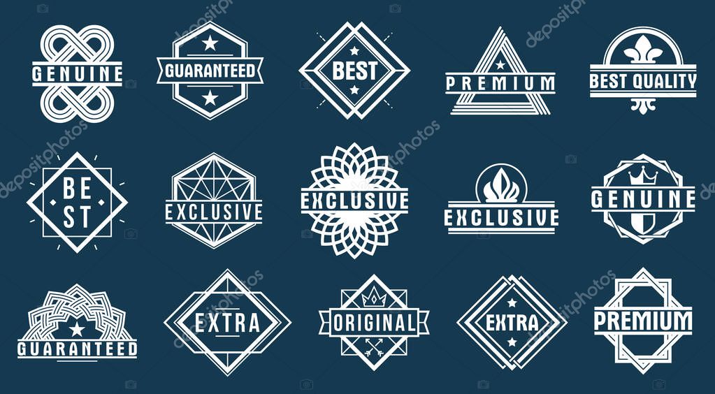 Premium best quality vector emblems set, black and white badges and logos collection for different products and business, classic graphic design elements, insignias and awards.