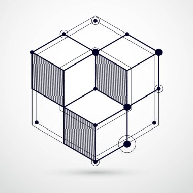 Mekanik şema, 3 boyutlu küp ve geometrik elementlerle siyah beyaz vektör mühendisliği çizimi. Bal peteklerinden yapılmış mühendislik teknolojisi duvar kağıdı..