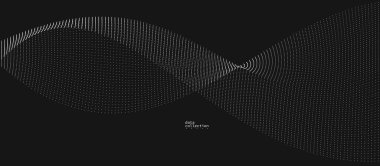 Hareket vektöründeki gri noktalar siyah üzerine soyut arkaplan, parçacıklar dalgalı akış dizisi, hareket, teknoloji ve bilimsel illüstrasyondaki eğri çizgiler.