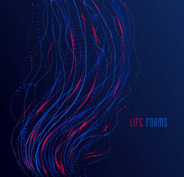 Parçacık akışı dizisi renkli vektör soyut arkaplan, yaşam formları biyolojik tema mikroskobik tasarım, hareketli noktalar.