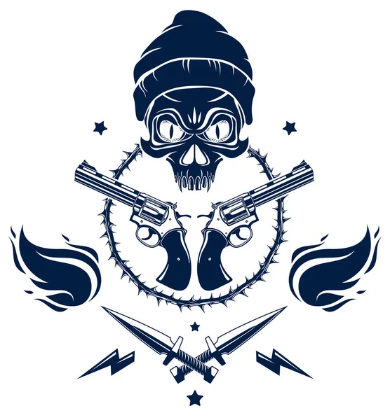 Anarchie Chaos Emblème Logo Agressif Avec Crâne Méchant Armes Différents — Image vectorielle